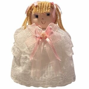 Vintage Handmade Decorative Lace Doll Hidden Jar Cover Pink Ribbon & Bow Accents